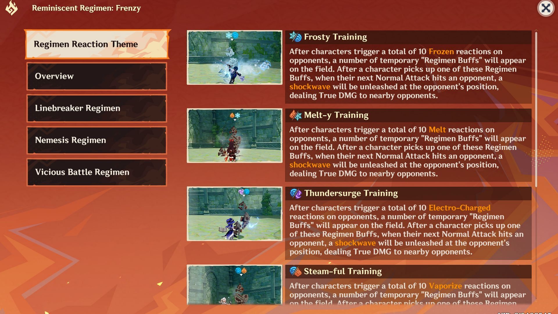 One out of six Regimen Reaction themes will be randomly picked for each challenge (Image via Sportskeeda Gaming/HoYoverse)